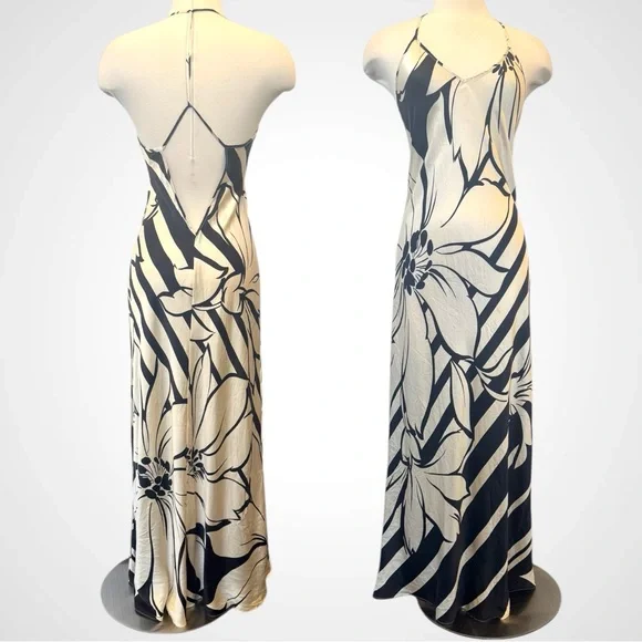 2001 Victoria’s Secret Silk Bold Floral Cream Black Halter Maxi Gown Slip Dress - Picture 4 of 7